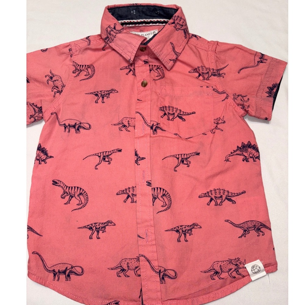 Free Planet Boys Dinosaur Print Button Down Shirt Coral Pink Short Sleeve 2T
